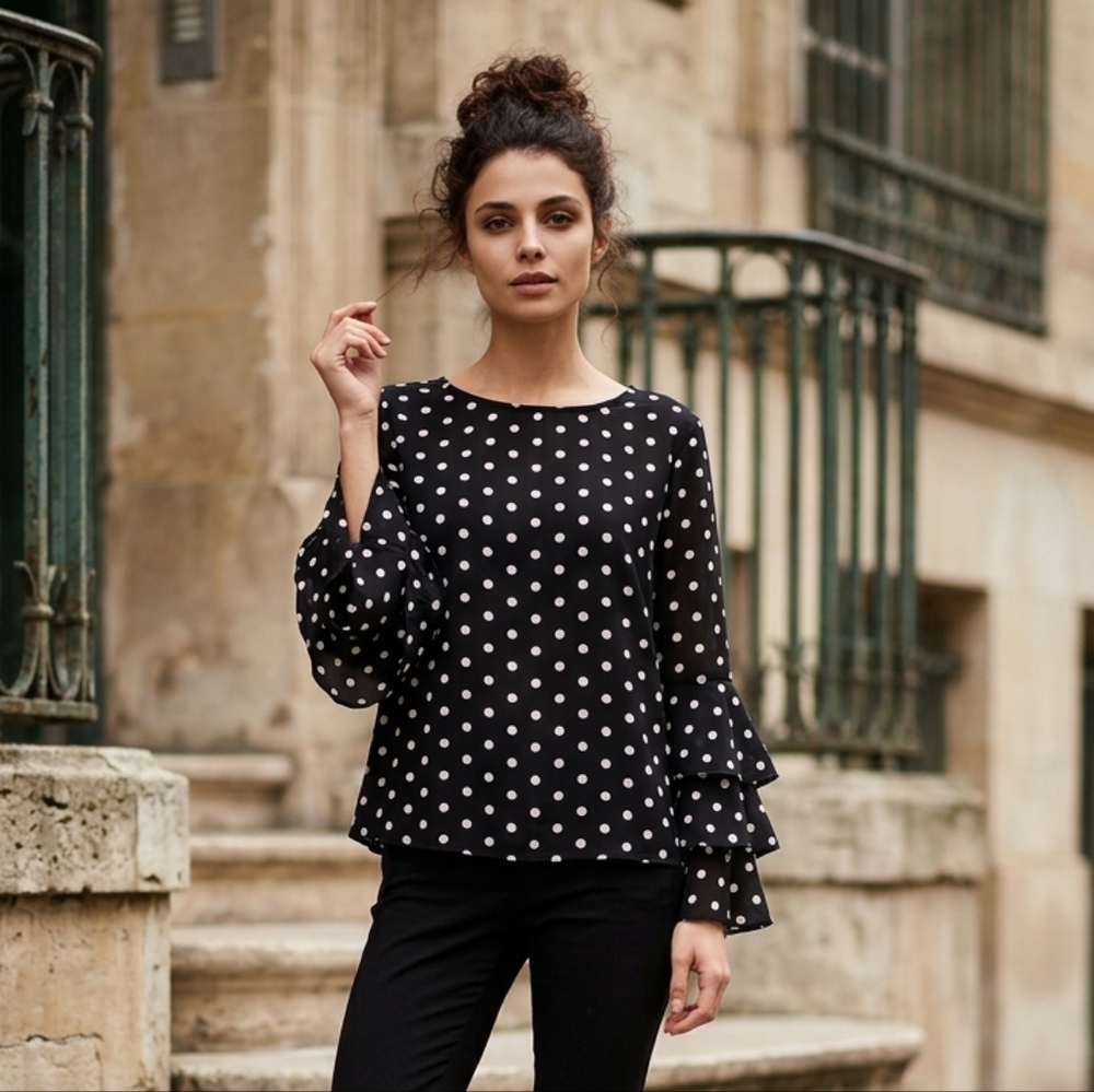 Polk dot dress shirt with layered bell sleeves.  Size M.